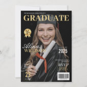 黒モダンと金ゴールドの雑誌の写真卒業 招待状 (正面)