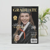 黒モダンと金ゴールドの雑誌の写真卒業 招待状 (スタンド正面)