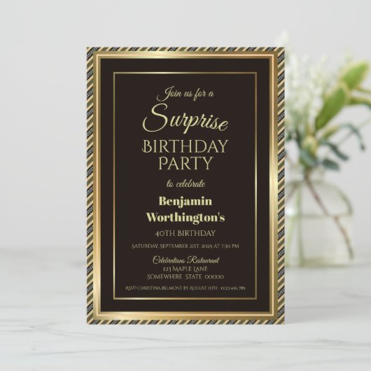 黒モダンと金ゴールドの驚き40th誕生日パーティー 招待状 (スタンド正面)