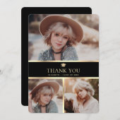 黒モダンと金ゴールドの3写真卒業 サンキューカード (正面/裏面)