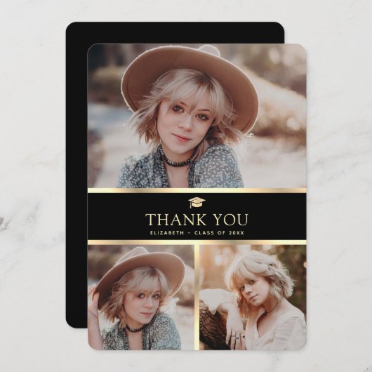 黒モダンと金ゴールドの3写真卒業 サンキューカード (正面/裏面)