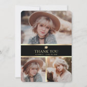 黒モダンと金ゴールドの3写真卒業 サンキューカード (正面)