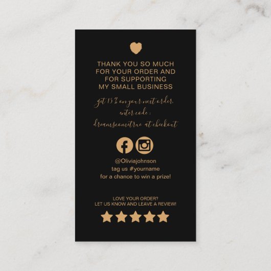 黒モダンと金ゴールドのQRコードの感謝してい順序 名刺 (裏面)