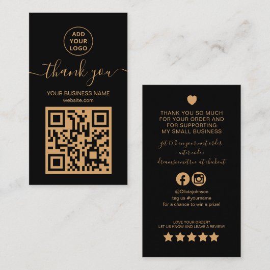黒モダンと金ゴールドのQRコードの感謝してい順序 名刺 (正面/裏面)