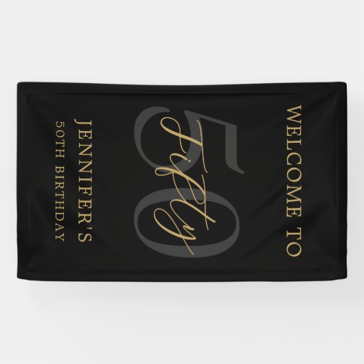 黒モダンと金ゴールドエレガント50誕生日 横断幕 (横)