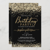 黒モダンと金ゴールドグリッターAny Age誕生日 招待状 (正面/裏面)