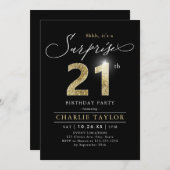 黒モダンと金ゴールド大人の驚き21歳の誕生日 招待状 (正面/裏面)