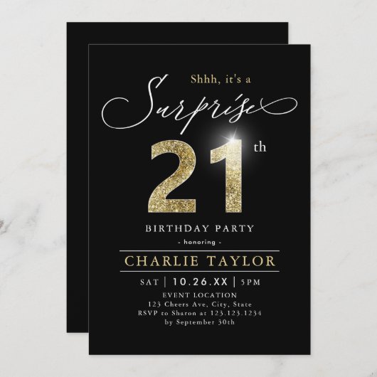 黒モダンと金ゴールド大人の驚き21歳の誕生日 招待状 (正面/裏面)