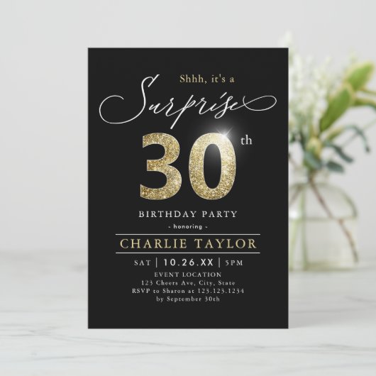黒モダンと金ゴールド大人の驚き30歳の誕生日 招待状 (スタンド正面)