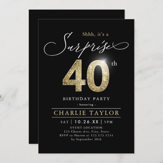 黒モダンと金ゴールド大人の驚き40歳の誕生日 招待状 (正面/裏面)