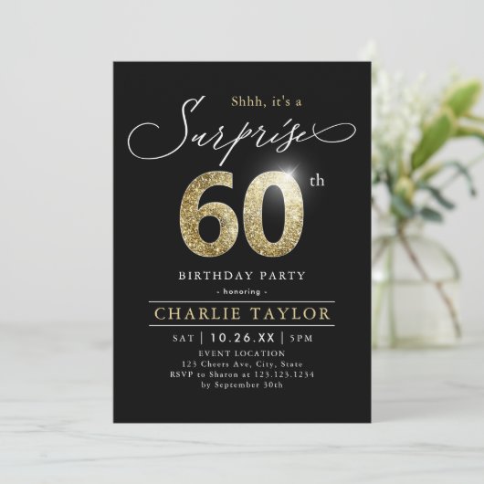 黒モダンと金ゴールド大人の驚き60歳の誕生日 招待状 (スタンド正面)