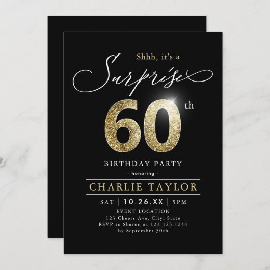 黒モダンと金ゴールド大人の驚き60歳の誕生日 招待状 (正面/裏面)