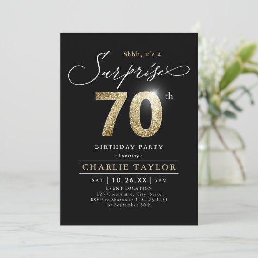 黒モダンと金ゴールド大人の驚き70歳の誕生日 招待状 (スタンド正面)