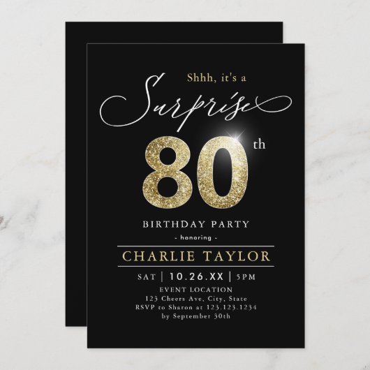 黒モダンと金ゴールド大人の驚き80歳の誕生日 招待状 (正面/裏面)