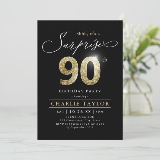 黒モダンと金ゴールド大人の驚き90歳の誕生日 招待状 (スタンド正面)