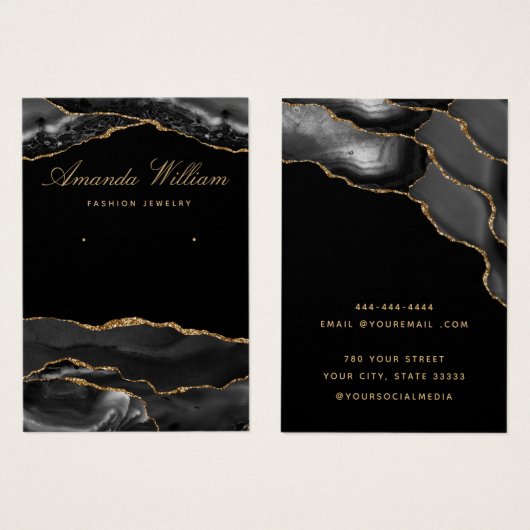 黒モダンと金ゴールド瑪瑙のイヤリングディスプレイカード (正面&裏面)