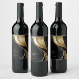 黒モダンと金ゴールド結婚の ワインラベル