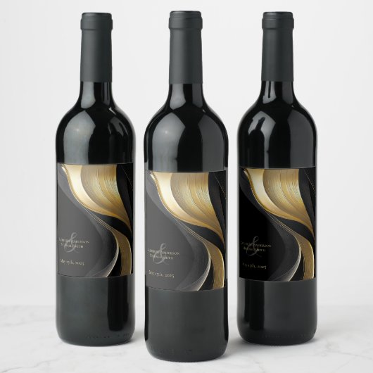 黒モダンと金ゴールド結婚の ワインラベル (ボトル)