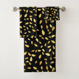 黒モダンと金ゴールド葉のパターン バスタオルセット