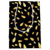 黒モダンと金ゴールド葉のパターン ミディアムペーパーバッグ (正面)