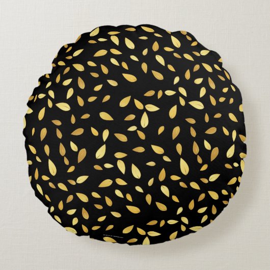 黒モダンと金ゴールド葉のパターン ラウンドクッション (正面)