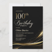 黒モダンと金ゴールド100th誕生日パーティー 招待状 (正面)