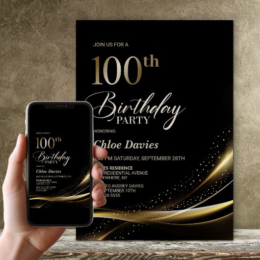 黒モダンと金ゴールド100th誕生日パーティー 招待状