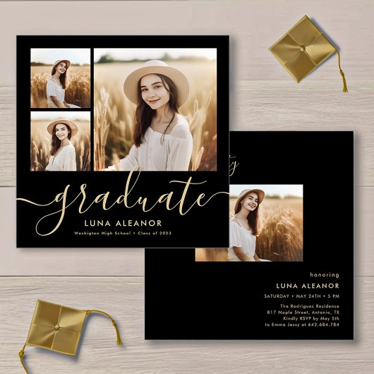 黒モダンと金ゴールド4写真卒業パーティー 招待状
