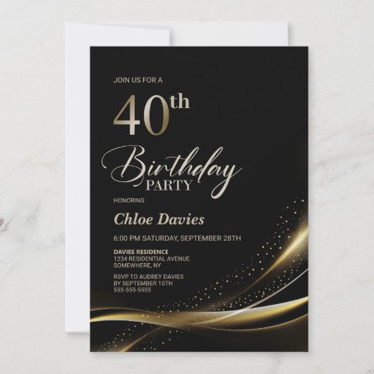 黒モダンと金ゴールド40歳の誕生日パーティー 招待状 (正面)