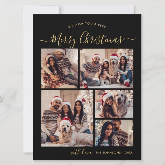 黒モダンと金ゴールド5フォトコラージクリスマス シーズンカード (正面)