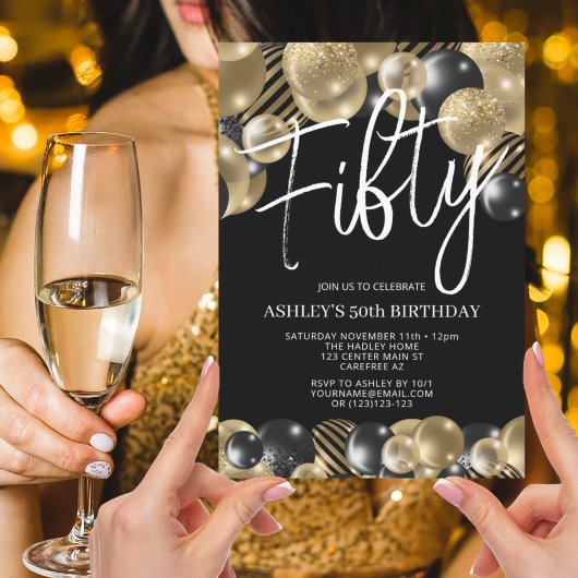 黒モダンと金ゴールド50番目の誕生日招待状 招待状
