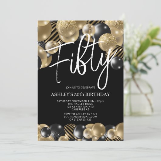 黒モダンと金ゴールド50番目の誕生日招待状 招待状 (スタンド正面)