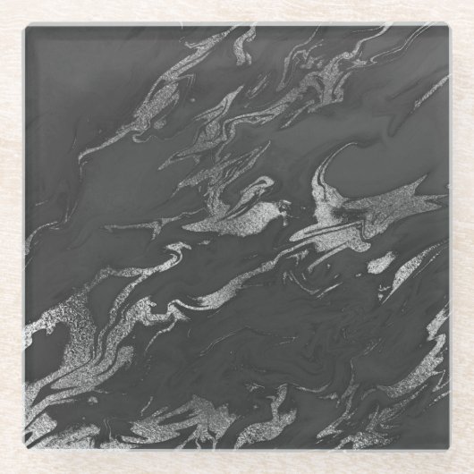 黒モダンと銀の大理石模様 ガラスコースター (正面)