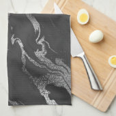 黒モダンと銀の大理石模様 キッチンタオル (四つ折り)
