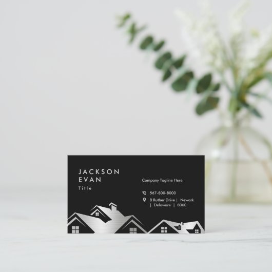 黒モダンと銀の屋根の建築修復 名刺 (スタンド正面)