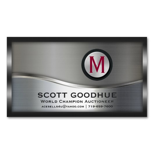 黒モダンと銀金属フレームのモノグラムロゴ マグネット名刺 (正面)