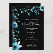 黒モダンと青のフローラ結婚 招待状 (正面/裏面)
