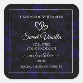 黒モダンと青のフローラ製品ラベル銀 スクエアシール