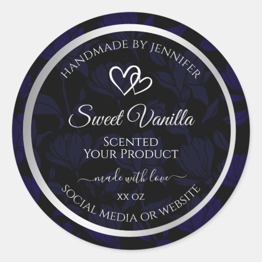 黒モダンと青のフローラ製品ラベル銀 ラウンドシール (正面)