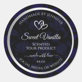 黒モダンと青のフローラ製品ラベル銀 ラウンドシール