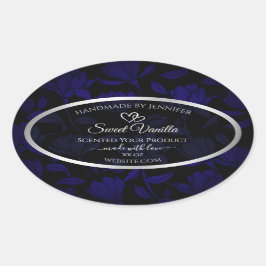 黒モダンと青のフローラ製品ラベル銀 楕円形シール