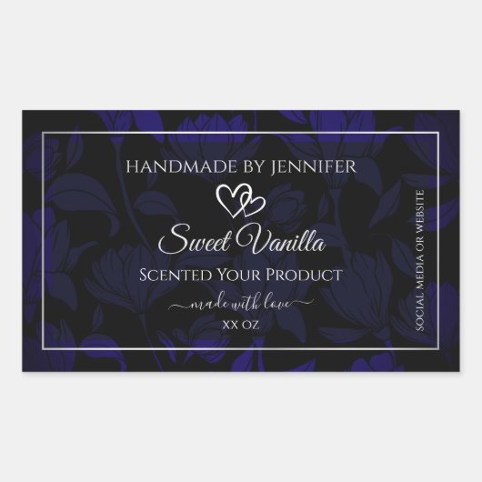 黒モダンと青のフローラ製品ラベル銀 長方形シール (正面)