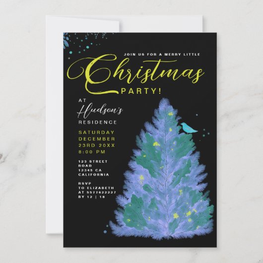 黒モダンと青のメリークリスマスツリーパーティー 招待状 (正面)