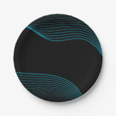 黒モダンと青の抽象芸術波線紙板 ペーパープレート (正面)