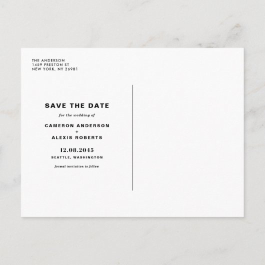 黒モダンのはっきりしたタイポグラフィ写真の保存日付 案内ポストカード (裏面)