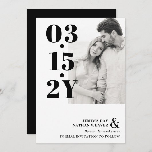 黒モダンのはっきりしたタイポグラフィ写真 セーブザデート (正面/裏面)