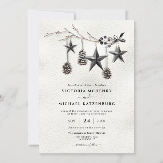 黒モダンのクリスマス冬の結婚式場 招待状 (正面)