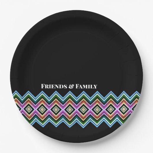 黒モダンのパターン ペーパープレート (正面)