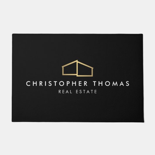 黒モダンのホームフェイクロゴ金ゴールド ドアマット (正面)