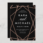 黒モダンの幾何フェイクバラ結婚金ゴールド 招待状 (正面/裏面)